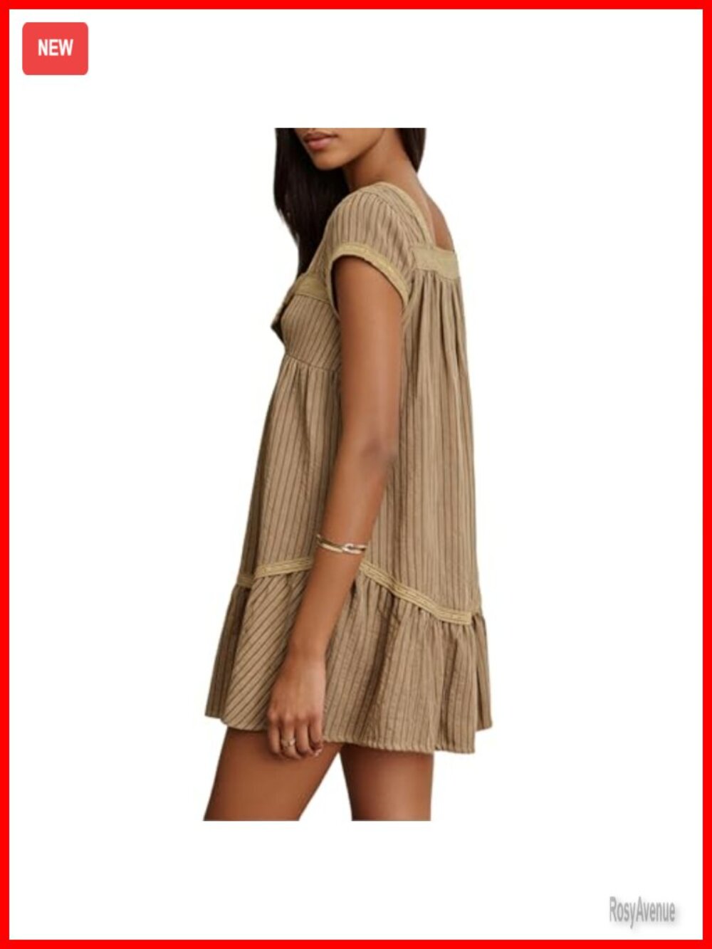 Button Front Lace Trim Square Neck Short Sleeve Babydoll Mini Dress Tiered Flow - Picture 3 of 7